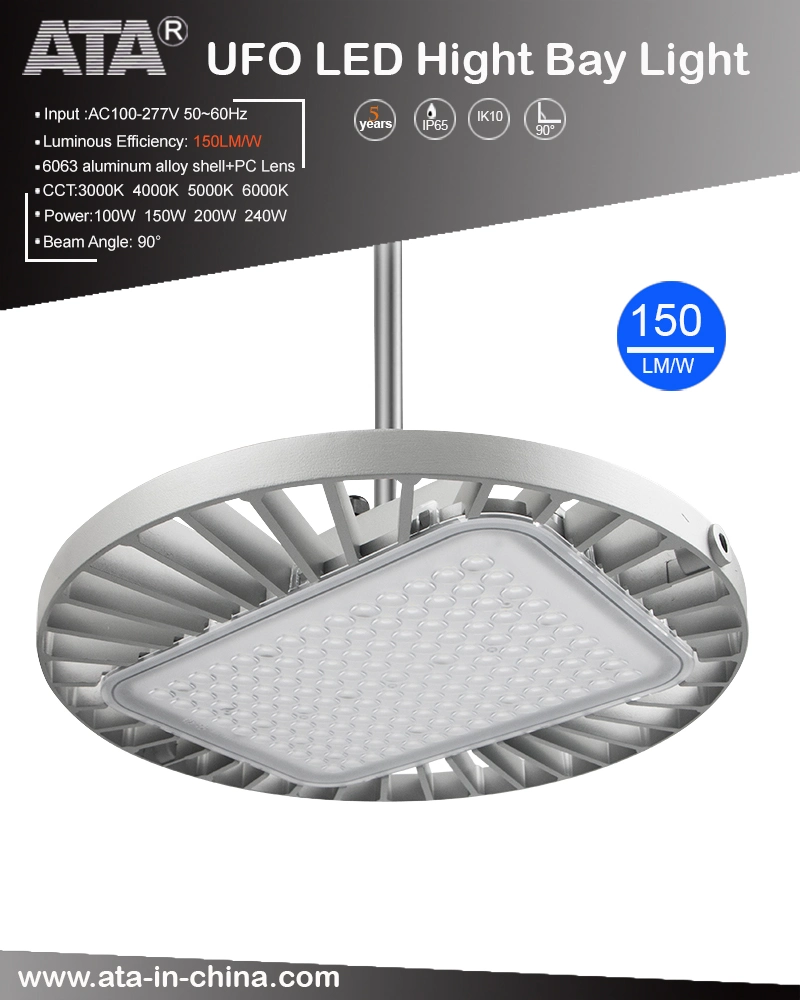 IP65 Microwave Warehouse Lighting 100W 150W 200W 240W 190lm/W UFO LED High Bay Light 5 Years Warranty